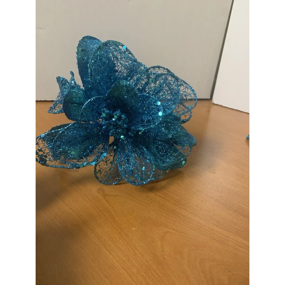 Lot Of 3 Glittered Turquoise Floral Stems  10” X 6”